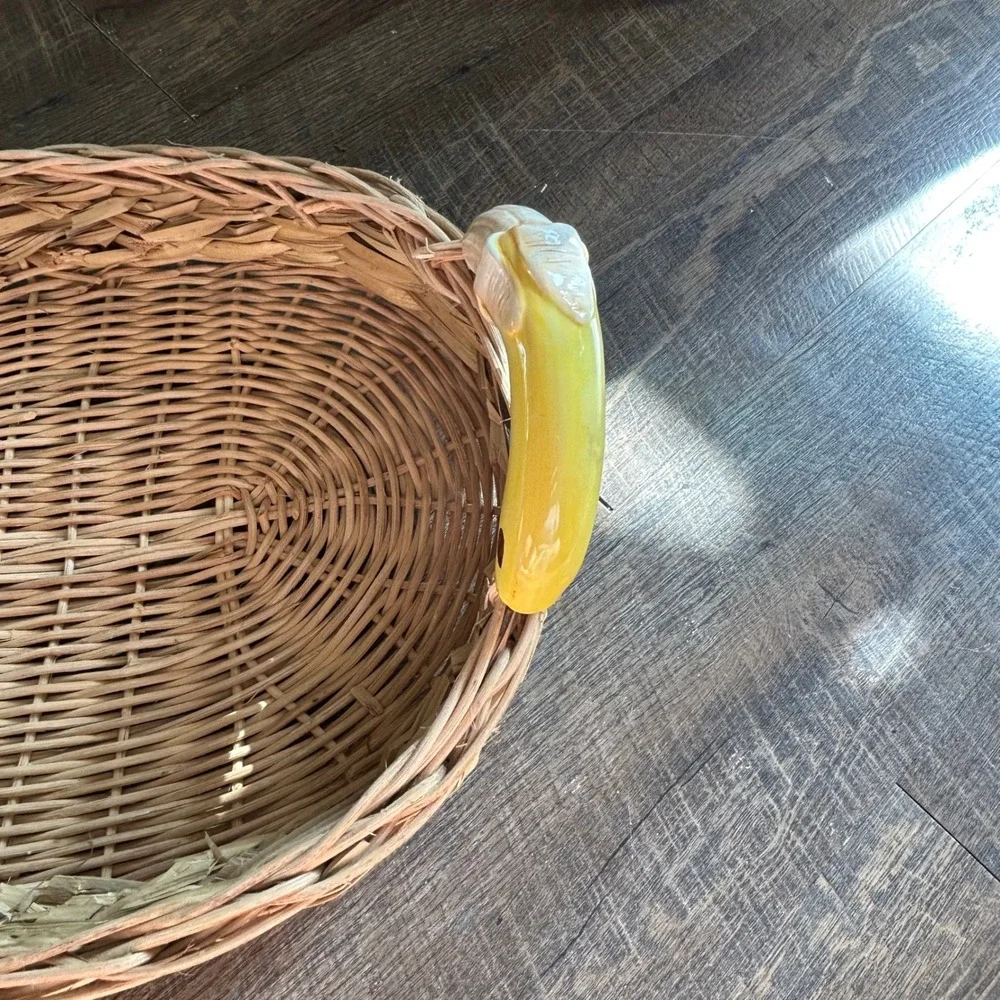 Vintage Wicker Fruit Basket with Ceramic Peeled Banana Handles Oval Tray